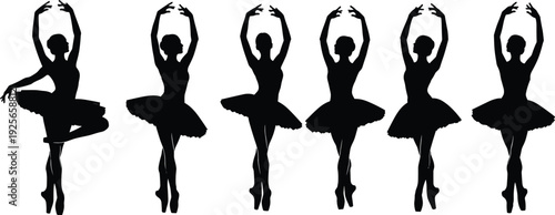 Set of black ballerina silhouettes wearing tutus and pointe shoes in various classical dance poses and graceful positions isolated on white background for design.