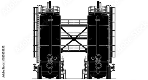 Detailed black and white line drawing of two industrial tanks connected by a metal structure