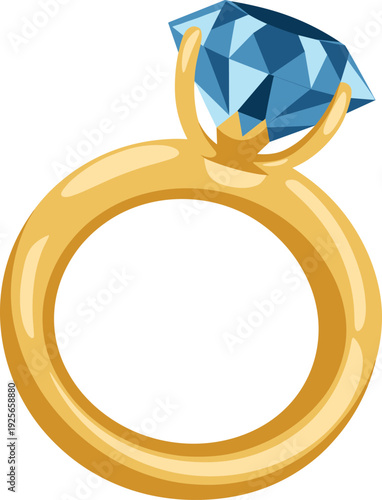 A gold ring with a large blue gemstone set in a prong setting against a white background