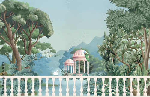 Mughal garden, dome illustration for wallpaper. Botanical tree landscape illustration and swan in a beautiful lake.
