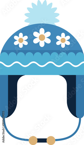 Blue and white knitted hat with decorative flowers and pompom on 1