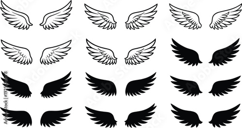 Black wing illustration icons set, feather outline silhouette fantasy tattoo logo design angel bird creative inspiration decorative pattern
