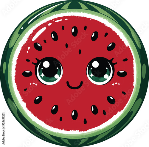 Cute cartoon watermelon slice with smiling face and big eyes