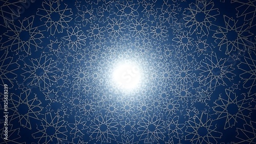 Abstract geometric pattern tunnel with central light source and repeating elements