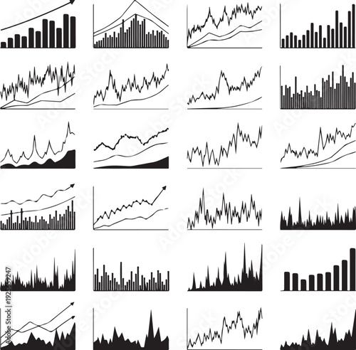 Financial Charts: A detailed illustration showing a collection of financial charts and graphs with varying trends. They symbolize economic fluctuations and market analyses.