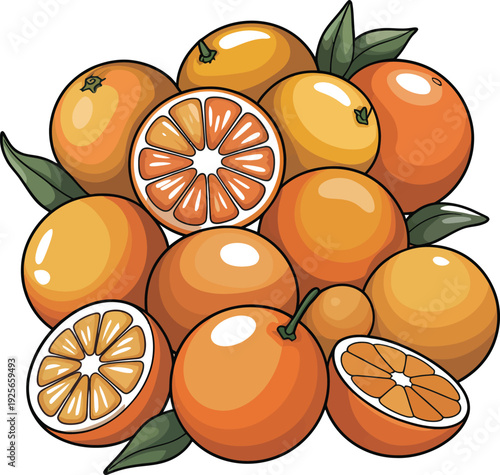 Orange fruits with slices and leaves citrus sliced