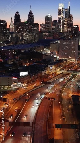 Sunset Skyline In Downtown Philadelphia At Philadelphia In Pennsylvania United States. Highrise Buildings Landscape. Colorful Sunset. Philadelphia At Pennsylvania United States. 