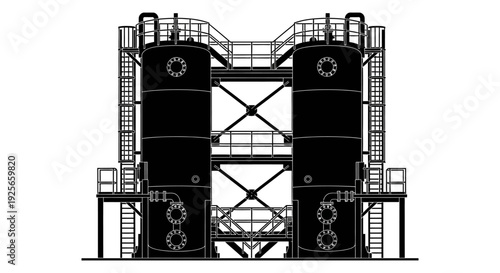 Detailed line drawing of two large industrial storage tanks with connecting platforms and ladders high quality