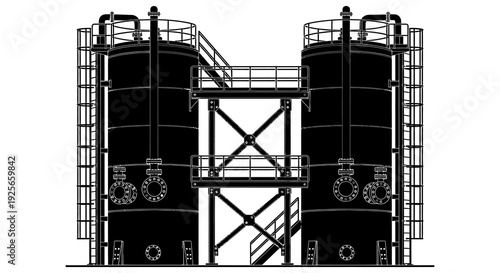 Blueprint style illustration of two large industrial storage tanks with connecting walkways and platforms high quality