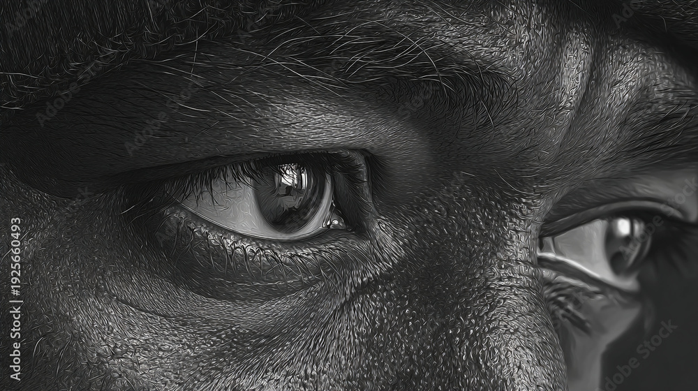 Naklejka premium Extreme Close-up of Intense Eyes in Grayscale.