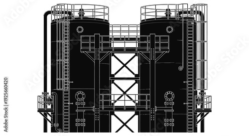 Detailed blueprint of two large industrial storage tanks with interconnected metal walkways and railings high quality