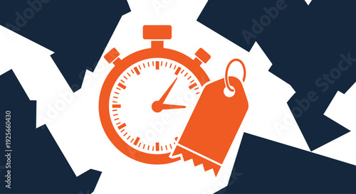An orange stopwatch with a jagged price tag attached is centrally positioned against a dynamic, fragmented background of dark blue and white geometric shapes.