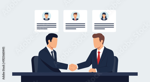 Two businessmen in dark suits are shaking hands across a dark blue desk, with three profile icons floating above them, against a light grey background.