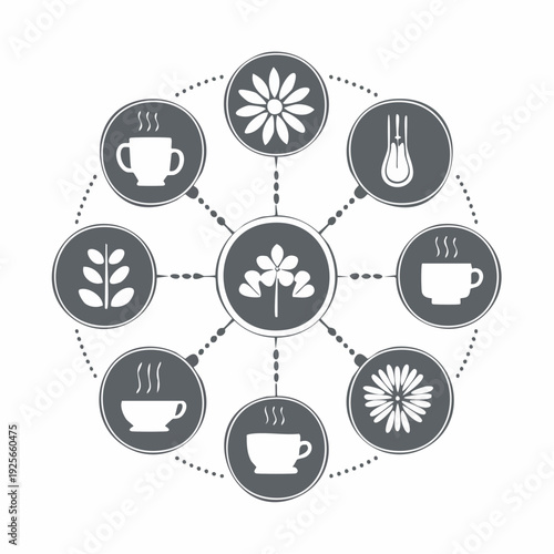Circular Arrangement of Tea and Herbal Infusion Related Icons for Health and Wellness