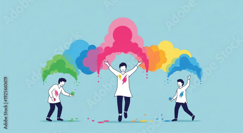 Three people celebrating with colorful powder joyful vibrant playful fun colorful powder celebration festival happy people throwing paint art creative expression freedom fun