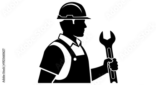 Silhouette of a construction worker holding a wrench representing skilled trades and manual labor high quality