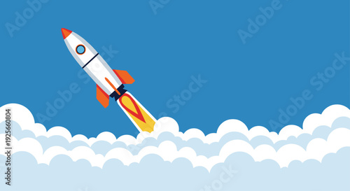 A stylized white and orange rocket with fiery exhaust plumes ascends diagonally into a clear blue sky above a layer of fluffy white clouds.