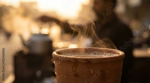 Pakistani chai karak on wooden table, street vendor background