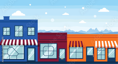 A vibrant street scene features three distinct, colorful shop buildings with striped awnings under a light blue sky with distant mountains and falling white dots.