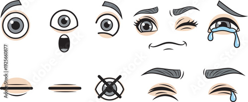 A collection of cartoon eyes and eyebrows with various expressions and emotions