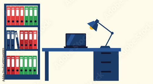 A minimalist office setup displays a dark blue desk with a laptop and a lamp, positioned beside a tall bookshelf filled with colorful binders on a light beige wall.