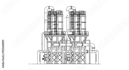 Technical drawing of industrial distillation towers with connecting pipes and support structures high quality professional detailed