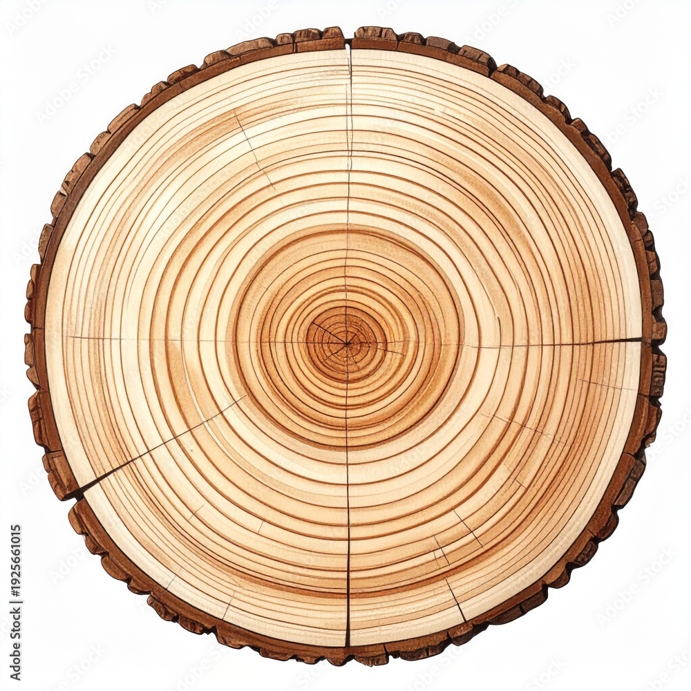 Obraz premium Top View of Tree Trunk Cross Section with Concentric Rings on White