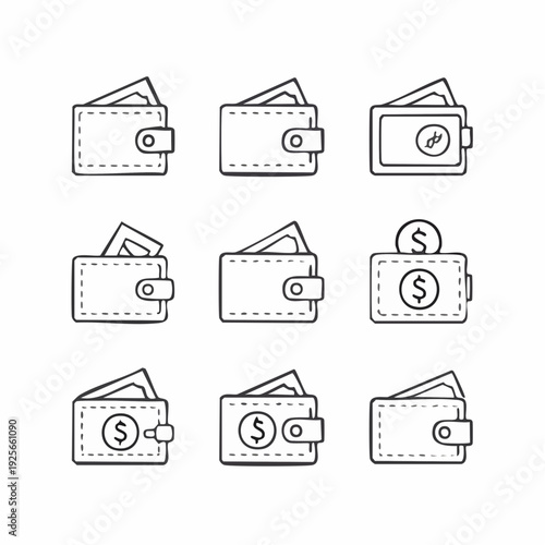 Collection of Hand-Drawn Wallets with Money, Symbolizing Finance and Transactions