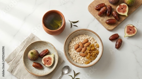 Healthy Desi breakfast bowl with green tea, natural window light
