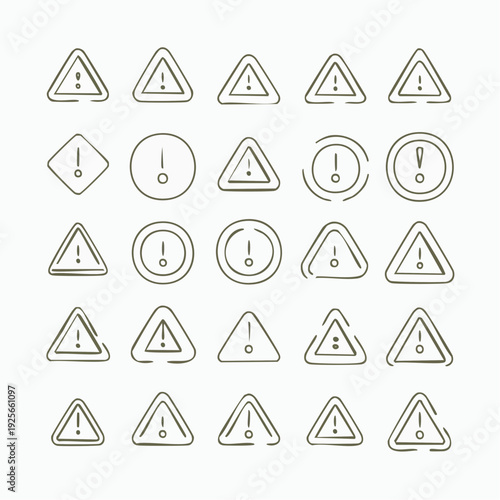 Collection of hand-drawn warning signs with exclamation points indicating caution or danger