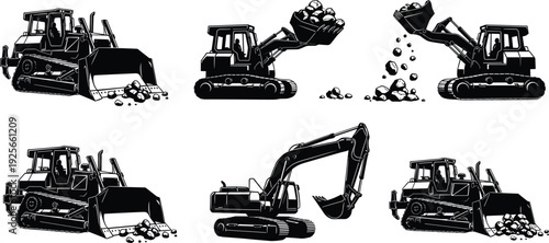 Black heavy machinery silhouettes set, construction bulldozer and excavator collection, industrial earth moving equipment icons, tractor digging mining engineering vector
