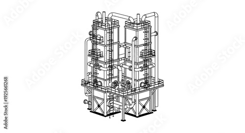 Line drawing of an industrial distillation column or chemical processing tower with platforms high quality professional