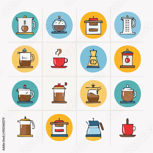 Collection of stylized coffee brewing icons presenting different coffee preparation methods