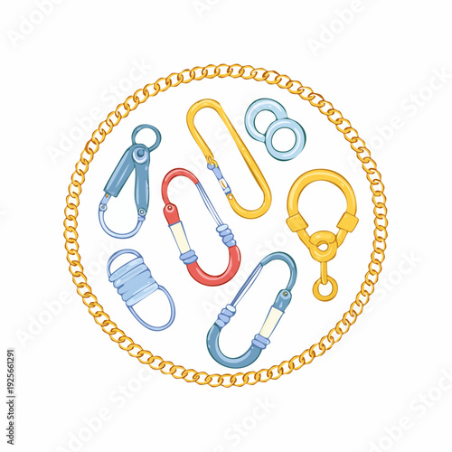 Collection of stylized vector climbing carabiners in a golden chain frame