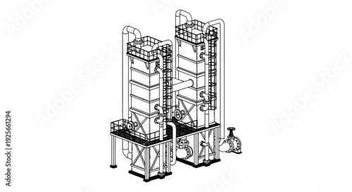 Technical drawing of industrial towers with platforms railings and connecting pipes high quality professional detailed modern