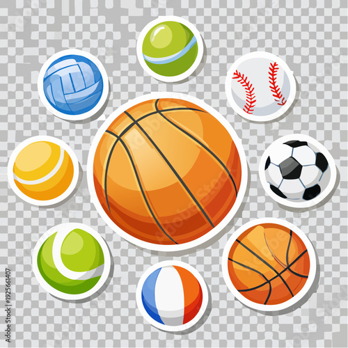 Colorful assortment of different sports balls arranged in a circular pattern graphic design