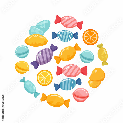 Colorful assortment of candies and fruit slices arranged in a circular design concept