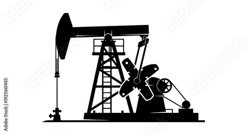 A stark silhouette of an oil pump jack commonly known as a nodding donkey in black