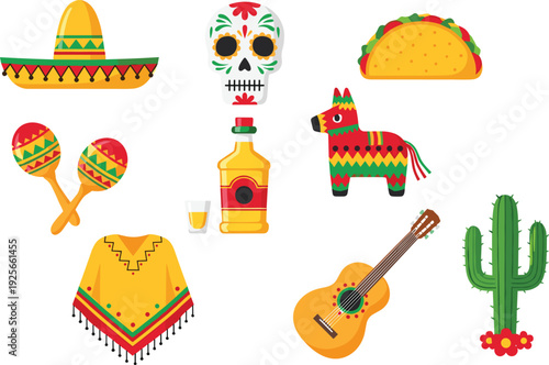 Mexican fiesta vector icons set with sombrero sugar skull taco tequila piñata maracas poncho guitar and cactus for cinco de mayo celebration