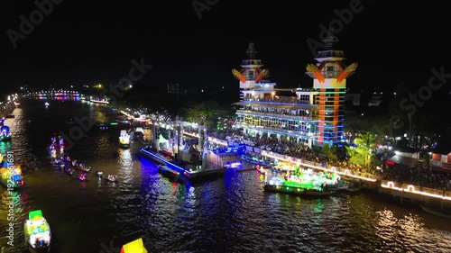 Traditional decorated boat festival on the Martapura River, Banjarmasin, South Kalimantan, aerial shoot