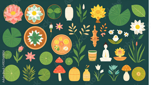 Aquatic Plant Vector Set – Cartoon Lily Pads and Water Flowers Flat Illustration