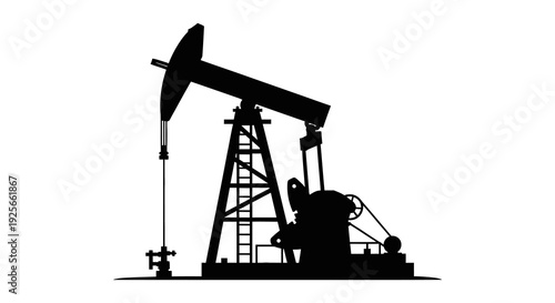 A black silhouette of a traditional oil pump rig against a stark white background high quality