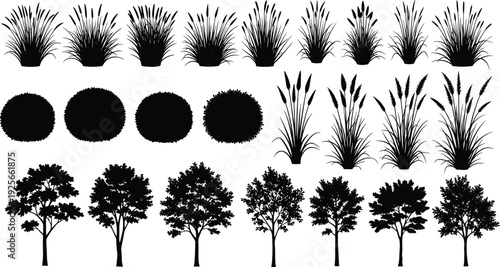 Collection of black tree silhouettes, garden bushes, and wild reed grass isolated on white background for landscape design vector elements