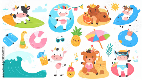Funny Cartoon Cows Summer Beach Activities Vector Set – Cute Farm Animals Vacation Illustration