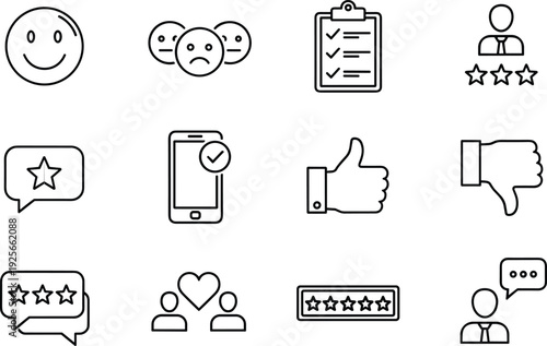 Customer feedback line icons set, review and rating symbols, business testimonial icons, user experience survey elements, satisfaction star ranking vector