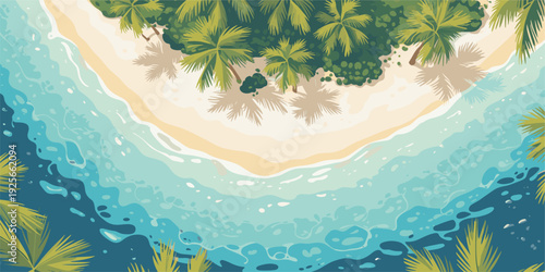 Aerial top view vector illustration of serene beach with palm trees and clear blue ocean, calming tropical summer background.
