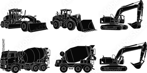 Heavy construction machinery silhouettes set featuring road graders wheel loaders concrete mixers and excavators isolated for industrial building site design.