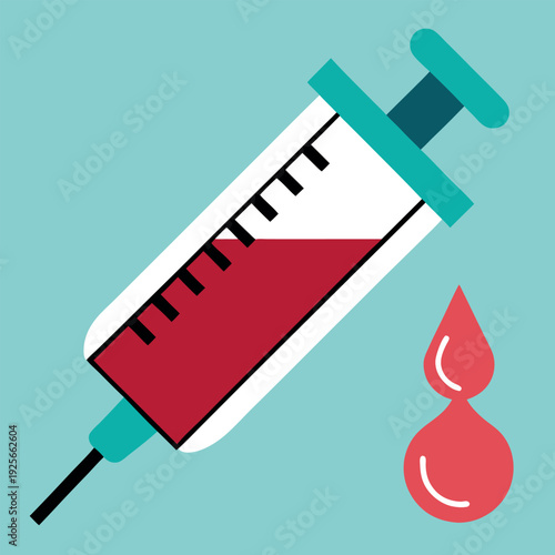 A syringe with a chemical drop indicating pharmacy. 