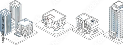 Isometric city building line icons set featuring skyscrapers, hospital, and modern office architecture, editable outline vector urban landscape design elements.