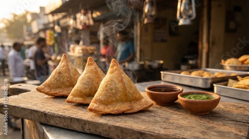 Pakistani samosas with tamarind chutney on wooden board